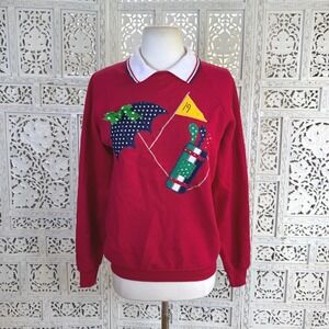 Vtg Handmade Red Golf Collared Sweatshirt Womens Medium Retro Sporty Grannycore